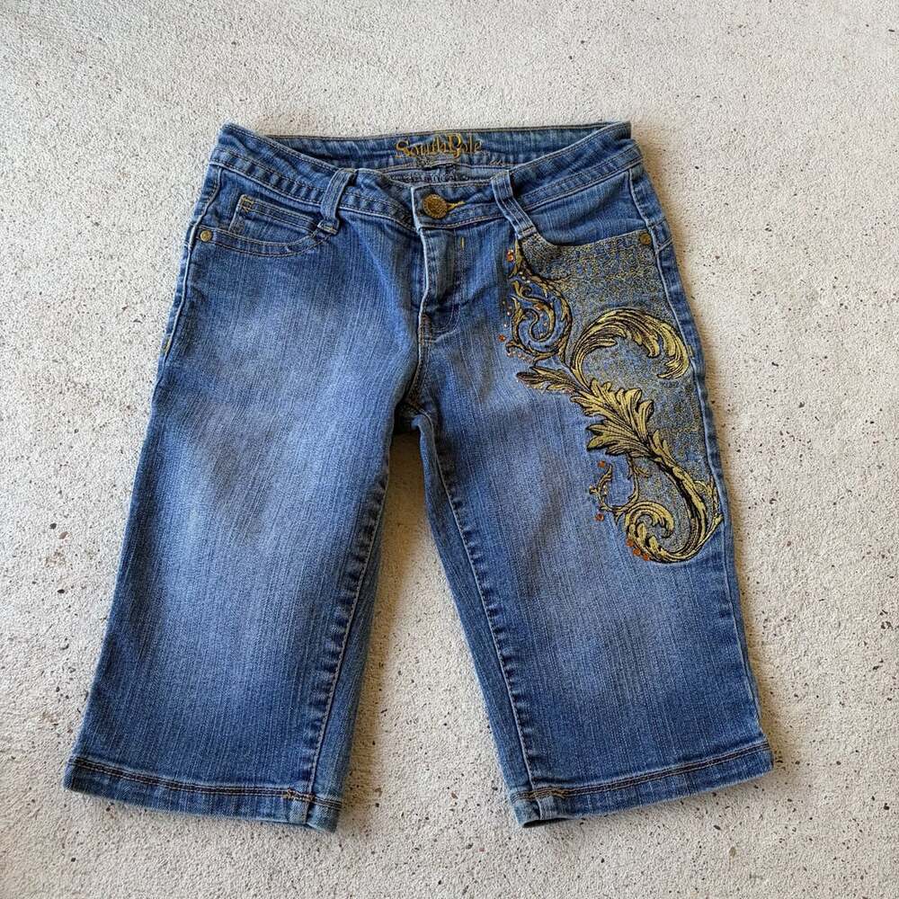 Southpole 2000s Y2K Women's Blue Denim Embroidered Capri Shorts 25w
